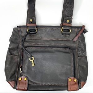 FOSSIL EUC Large Leather Tote Shoulder Bag Black Brown Antique Brass Hardware